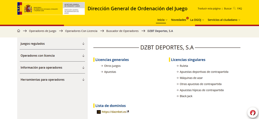 Licencia de DAZN Bet en la DGOJ Registro de DZBT Deportes S.A. en la DGOJ con las licencias de juego y el dominio autorizado de DAZN Bet.