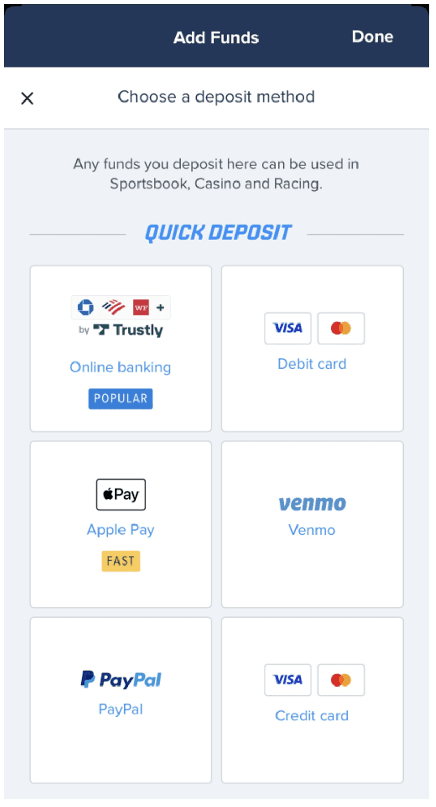 FanDuel Michigan Deposit Methods FanDuel Michigan banking page displaying available deposit methods and payment options