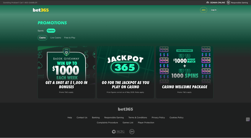 bet365 Casino Michigan Promotions bet365 Casino Michigan promotions page displaying welcome offers, bonus rewards, and ongoing casino promotions.