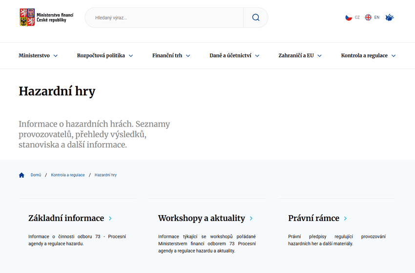 Ministerstvo financí ČR – Hazardní hry Stránka Ministerstva financí ČR – sekce Hazardní hry s informacemi o regulaci a právním rámci.