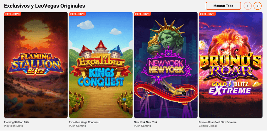 Selección de tragamonedas exclusivas de LeoVegas Originals, incluyendo Flaming Stallion Blitz y Excalibur Kings Conquest.