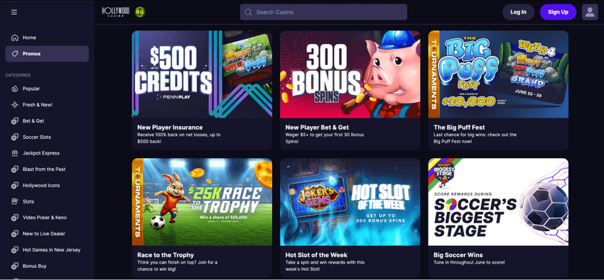 Hollywood Online Casino West Virginia promotions page showcasing welcome offers, bonus deals, and ongoing rewards.