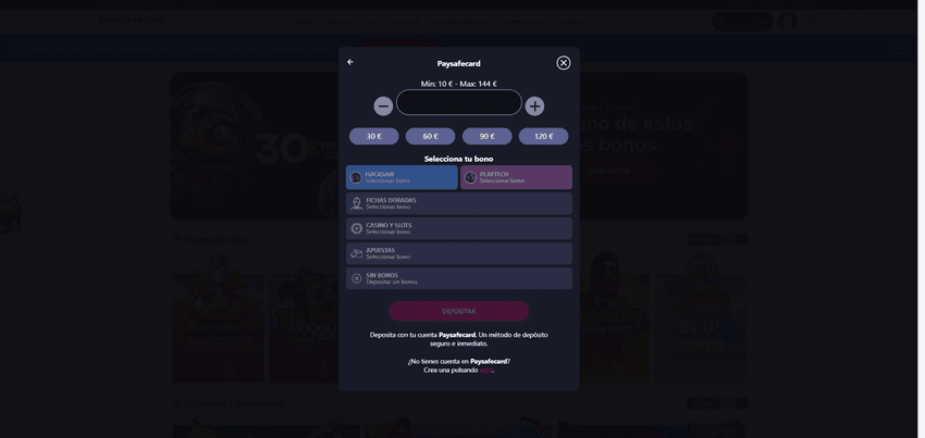 Ventana de depósito de Casino Gran Madrid mostrando Paysafecard como método de pago junto a varias promociones disponibles.