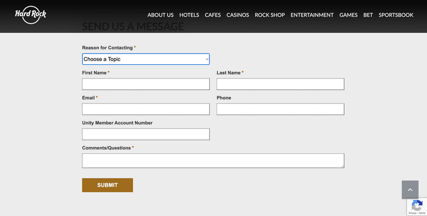 Hard Rock Bet Michigan Contact Form Support Page Screenshot of Hard Rock Bet Michigan contact form showing fields for player support request