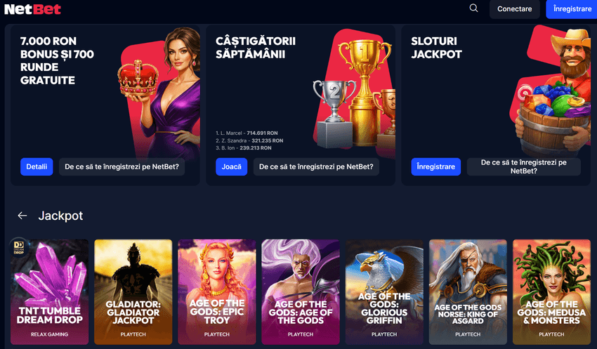 Secțiunea NetBet cu jackpoturi și sloturi disponibile