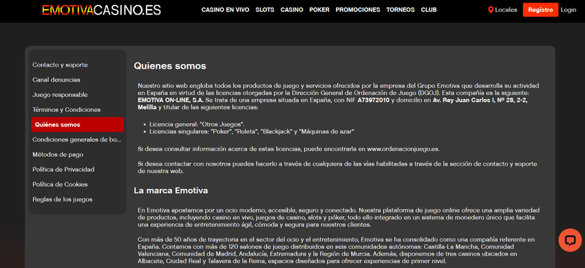 Quiénes somos de Emotiva Casino Sección "Quiénes somos" de Emotiva Casino con información sobre la empresa y sus licencias.