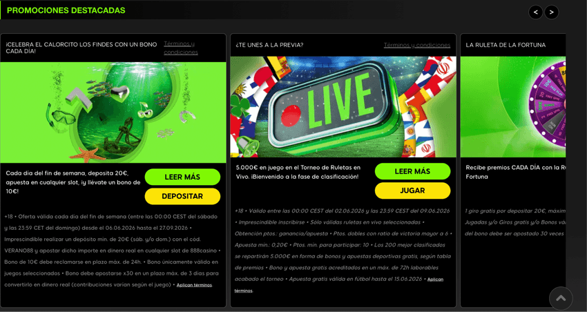 Promociones destacadas y torneos disponibles en 888 Casino