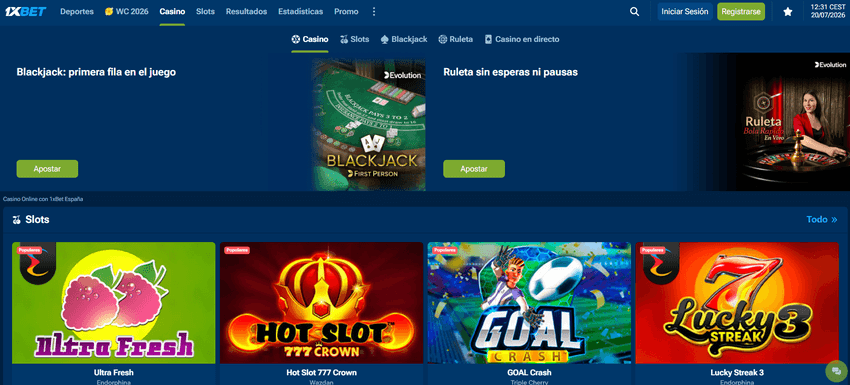 Página principal del casino de 1xBet con acceso a tragamonedas, blackjack, ruleta y casino en vivo.