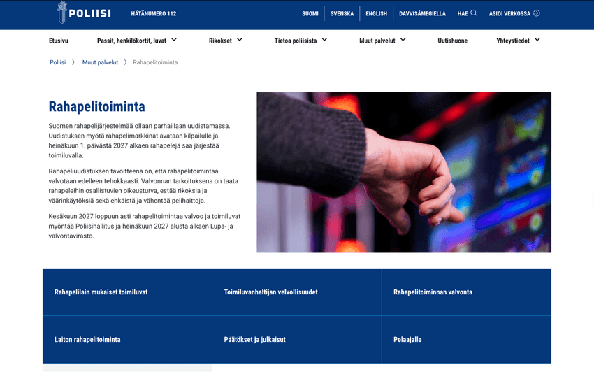 Poliisihallituksen rahapelitoiminta-verkkosivu