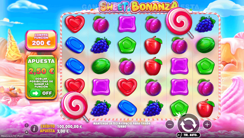 Sweet Bonanza y sus cascadas de símbolos Interfaz de Sweet Bonanza de Pragmatic Play con símbolos de dulces y sistema de compra de bonus