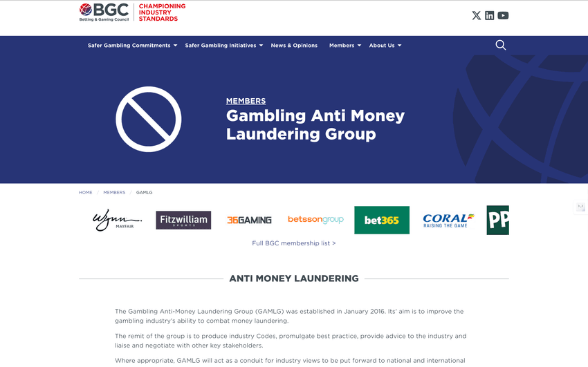 Screenshot of the Gambling Anti-Money Laundering Group webpage, displaying information about anti-money laundering policies and compliance in the gambling industry.