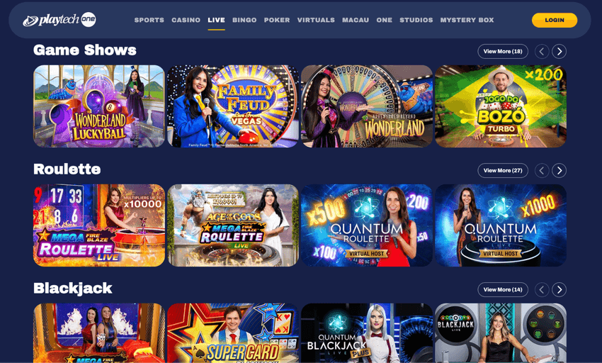 Κατάλογος Playtech Live με κατηγορίες Game Shows, Roulette και Blackjack και παιχνίδια όπως Wonderland Lucky Ball, Mega Fire Blaze Roulette και Quantum Blackjack.