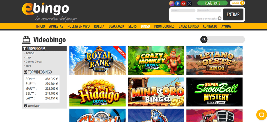 Juegos de videobingo de eBingo Catálogo de videobingo de eBingo con juegos de distintos proveedores especializados.