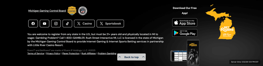 Screenshot of BetRivers Michigan official site showing state license