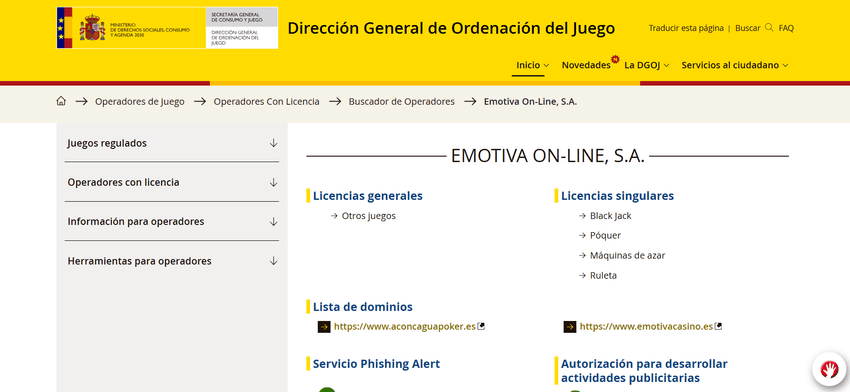 Licencia DGOJ de Emotiva Casino Licencia de Emotiva On-Line, S.A. en el registro oficial de la DGOJ con las modalidades de juego autorizadas.