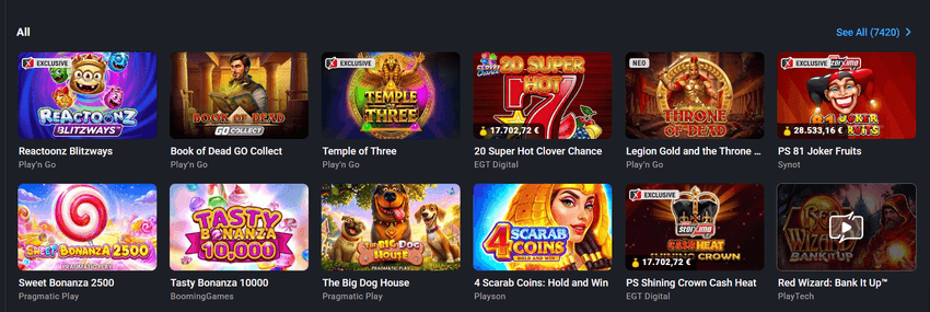 Βιβλιοθήκη παιχνιδιών του Pame Stoixima Casino με slots από Play’n Go, Pragmatic Play, EGT Digital, Playson και άλλους παρόχους.