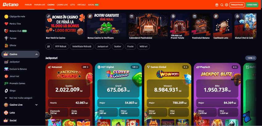 Jackpoturi și jocuri la Betano Casino România Secțiunea de jackpoturi Betano Casino cu jocuri de la Amusnet, EGT Digital, Games Global și Playtech