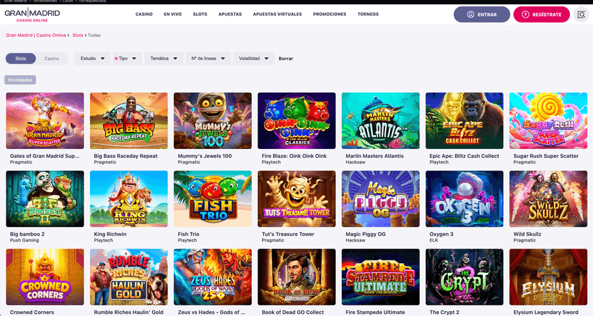 Lobby de nuevas slots de Gran Madrid con juegos de Pragmatic Play, Playtech y Hacksaw
