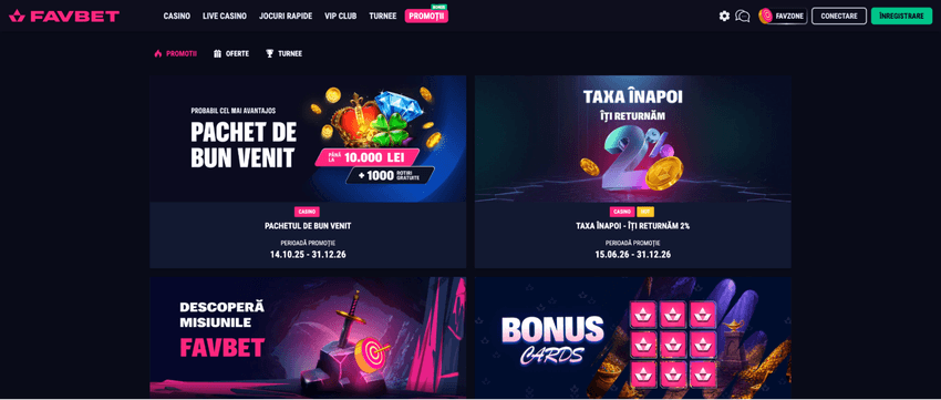 Pagina de promoții Favbet cu pachet de bun venit, cashback și Bonus Cards