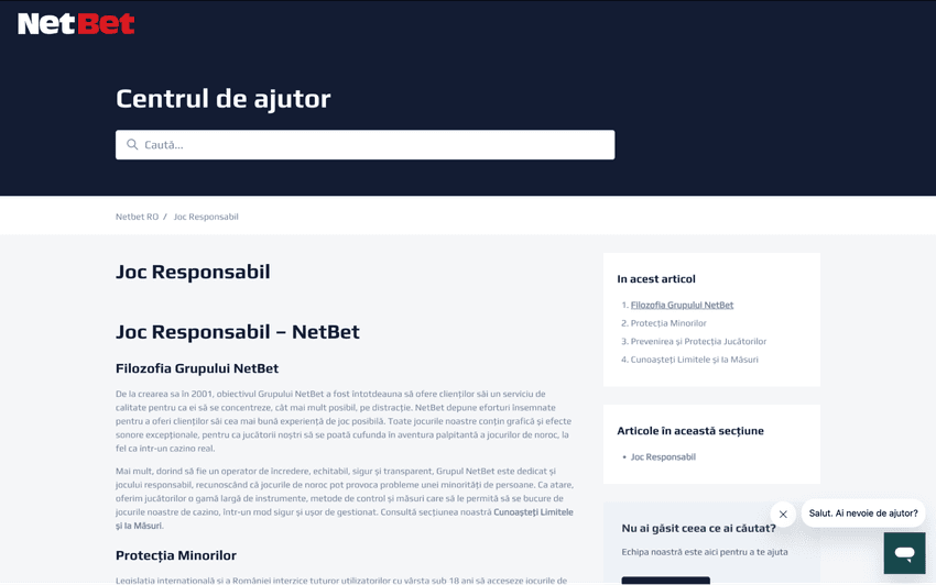 Pagina de joc responsabil NetBet cu informații despre protecția jucătorilor