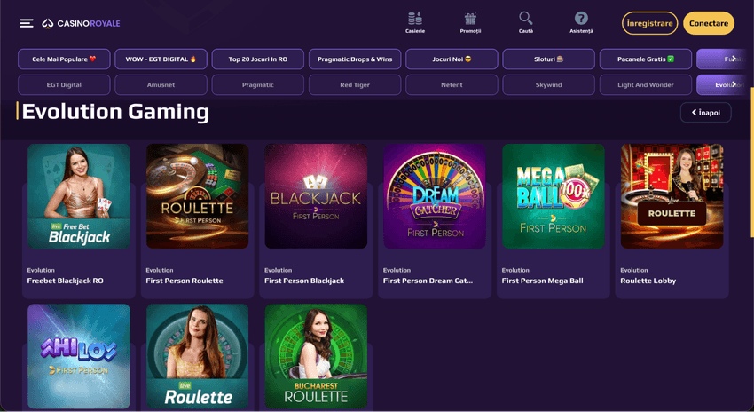 Jocuri Evolution la Casino Royale Jocuri Evolution Gaming la Casino Royale cu Freebet Blackjack RO, First Person Roulette și Dream Catcher