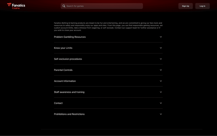 Fanatics Casino Responsible Gambling Tools Fanatics Casino responsible gambling page showing deposit limits, self-exclusion, and player protection tools