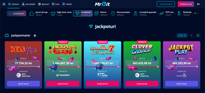 Jackpotmeter Bell Link și Clover Chance afișat în secțiunea de jackpoturi Mr Bit România