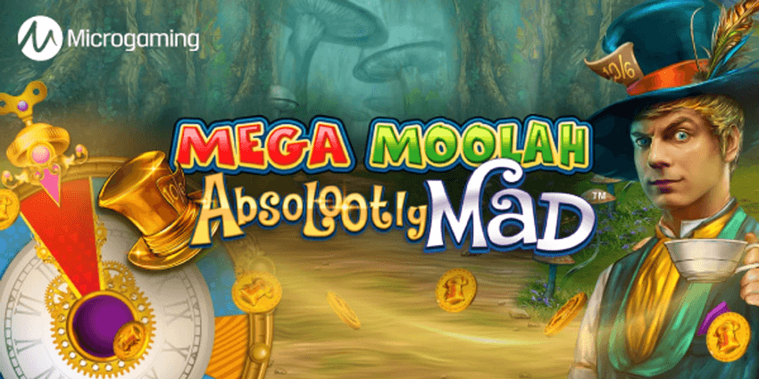 Mega Moolah Absolootly Mad – Microgaming Λογότυπο του Mega Moolah Absolootly Mad με θεματολογία εμπνευσμένη από την Αλίκη στη Χώρα των Θαυμάτων