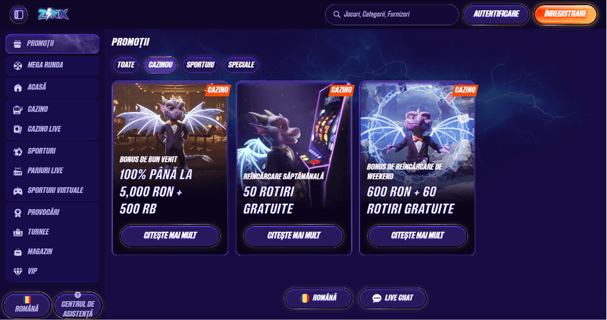 Pagina de promoții Zinx cu bonusuri și oferte disponibile
