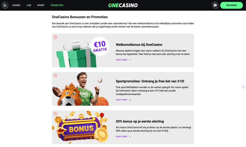 Screenshot van de bonuspagina van One Casino met casino aanbiedingen