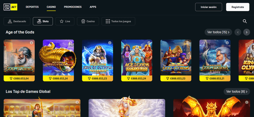 Catálogo de tragamonedas de DAZN Bet Catálogo de tragamonedas de DAZN Bet con juegos como Age of the Gods y otras slots de jackpot.