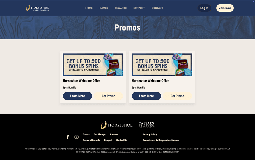 Welcome bonus page at Horseshoe Online Casino West Virginia showcasing the introductory offer for new players.