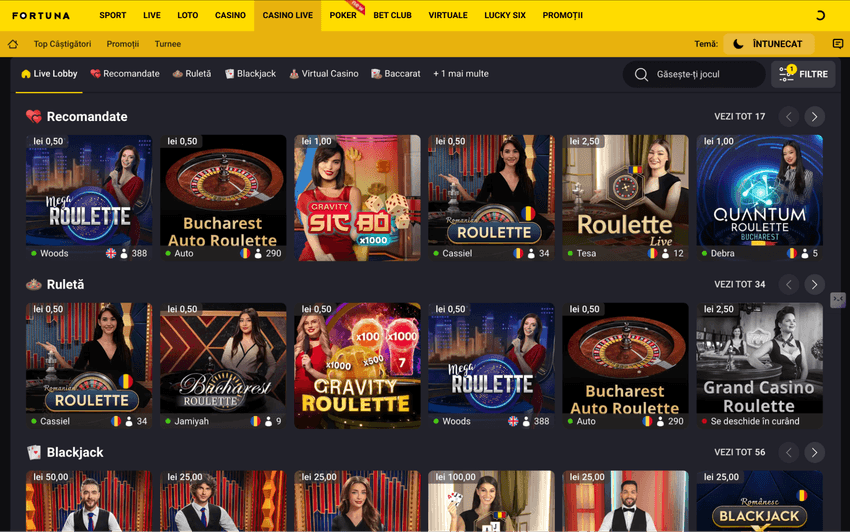Live casino Fortuna cu ruletă și blackjack