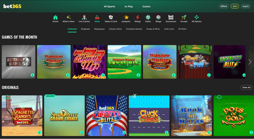 Spelaanbod bij Bet365 online casino met slots en tafelspellen