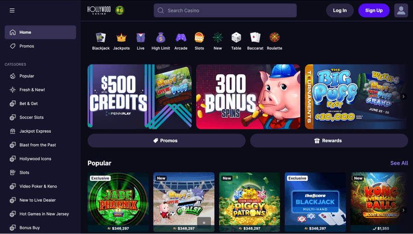 Hollywood Online Casino West Virginia homepage featuring promotions, casino games, and account navigation options.