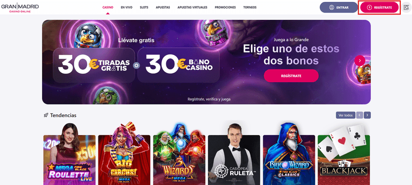 Botón registrarse Gran Casino Madrid Botón de registro destacado en la esquina superior de la web de Gran Casino Madrid.