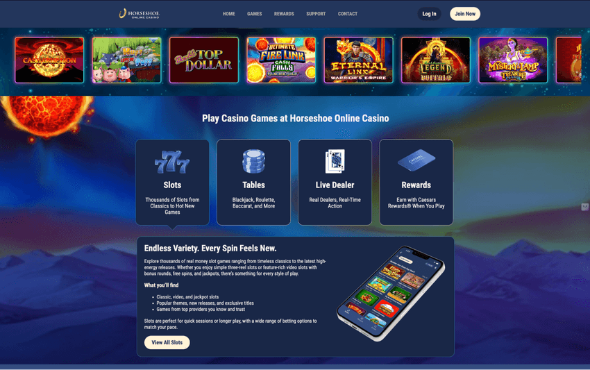 Horseshoe Online Casino Michigan Homepage Horseshoe Online Casino Michigan homepage featuring casino games, promotions, and player account options
