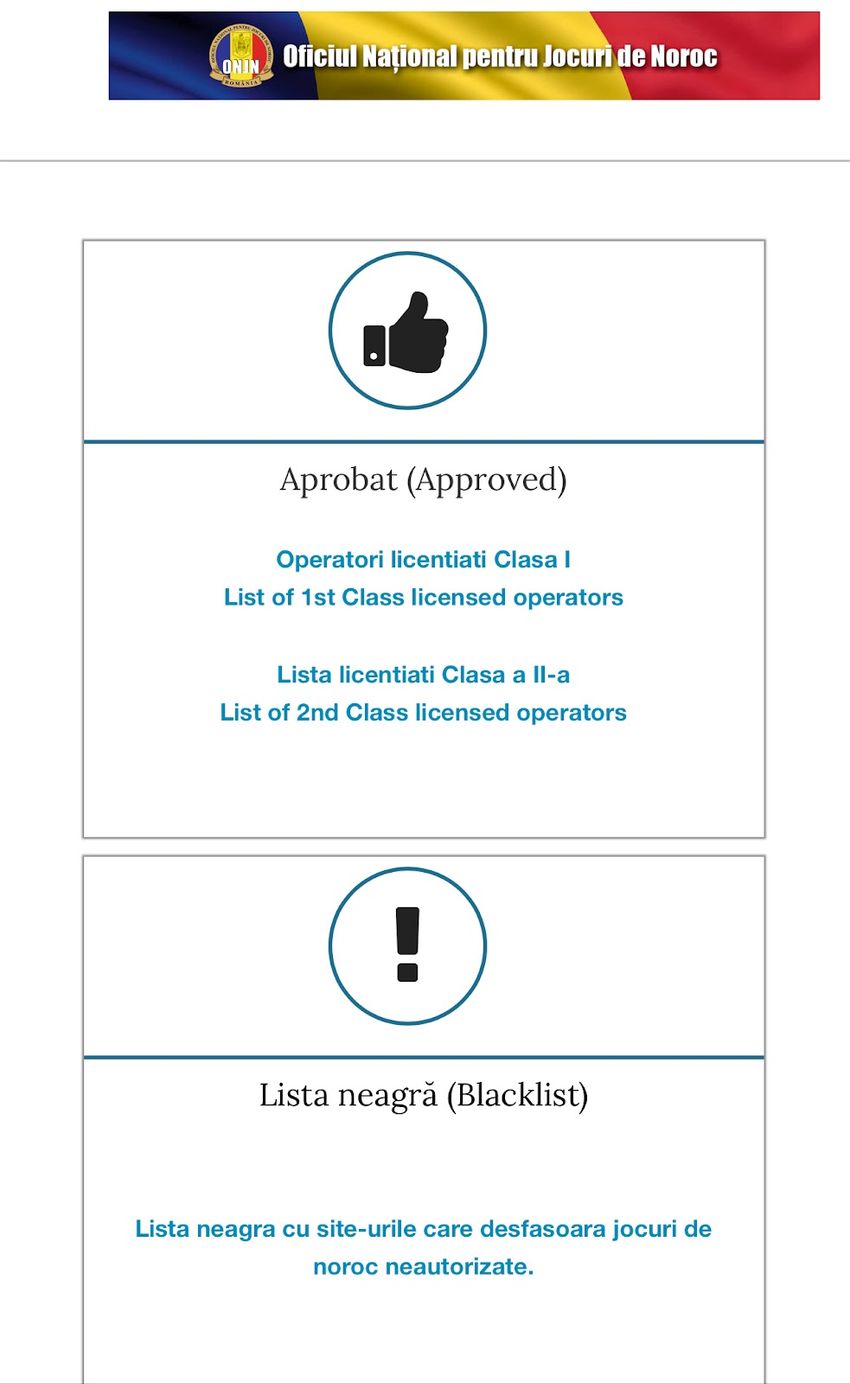 ONJN România – Supravegherea și reglementarea jocurilor de noroc Pagina ONJN despre operatorii licențiați și lista neagră a site-urilor neautorizate