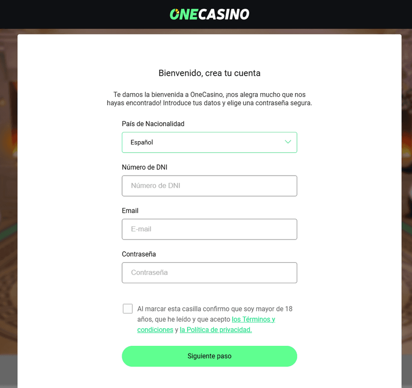 Registro OneCasino Formulario de registro en OneCasino con DNI correo electrónico y contraseña