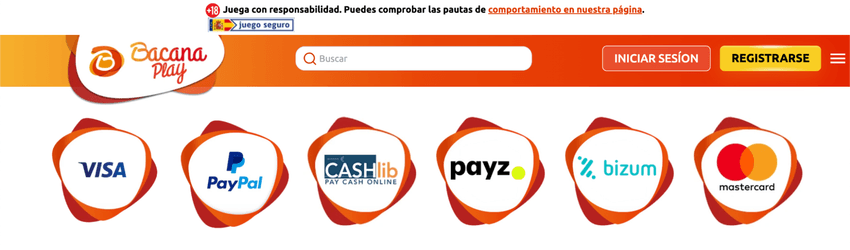 Opciones de pago en BacanaPlay Métodos de pago de BacanaPlay con Visa, Mastercard, PayPal, Bizum, Payz y Cashlib.