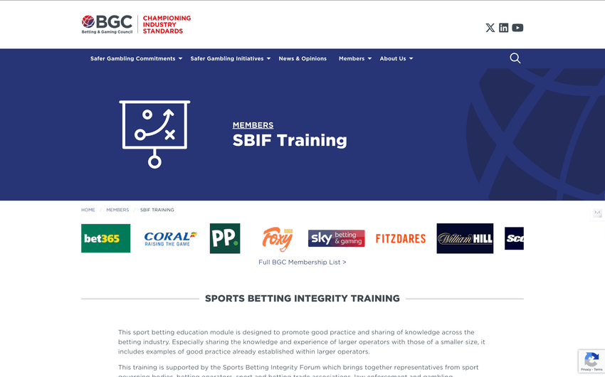 Screenshot of the Sports Betting Integrity Training webpage, describing an education module focused on responsible betting practices, industry collaboration, and preventing match-fixing.