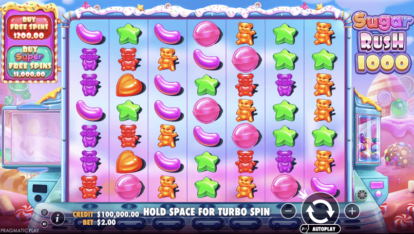 Sugar Rush 1000 – Pragmatic Play Στιγμιότυπο του Sugar Rush 1000 με πολύχρωμα σύμβολα γλυκών στο πλέγμα