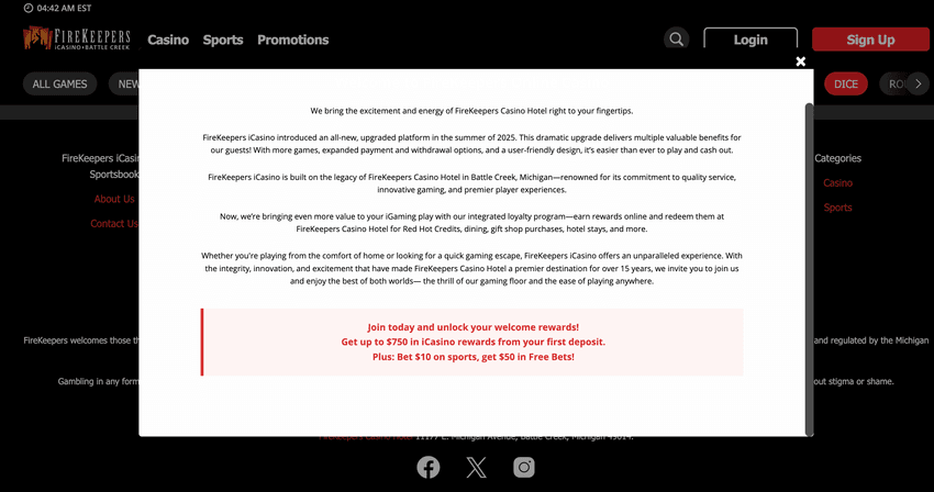 FireKeepers online casino page showing connection to FireKeepers Casino and Hotel