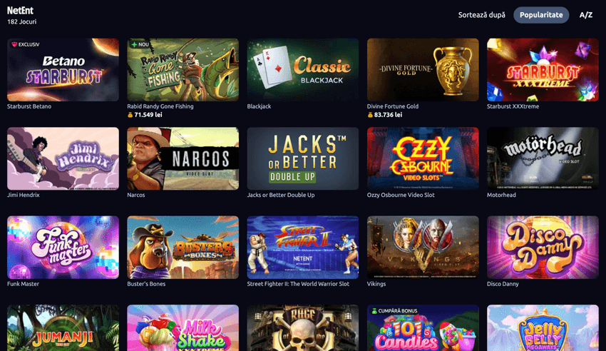 Betano – catalog de jocuri NetEnt Catalogul NetEnt la Betano cu Starburst Betano, Divine Fortune Gold, Jumanji, Narcos și alte jocuri