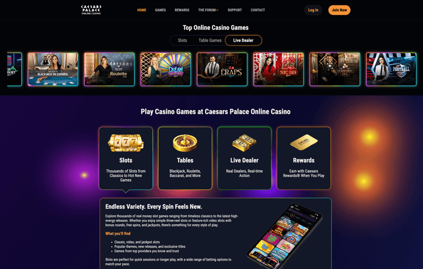 Caesars Palace Online Casino Michigan homepage featuring casino games, promotions, and player account options