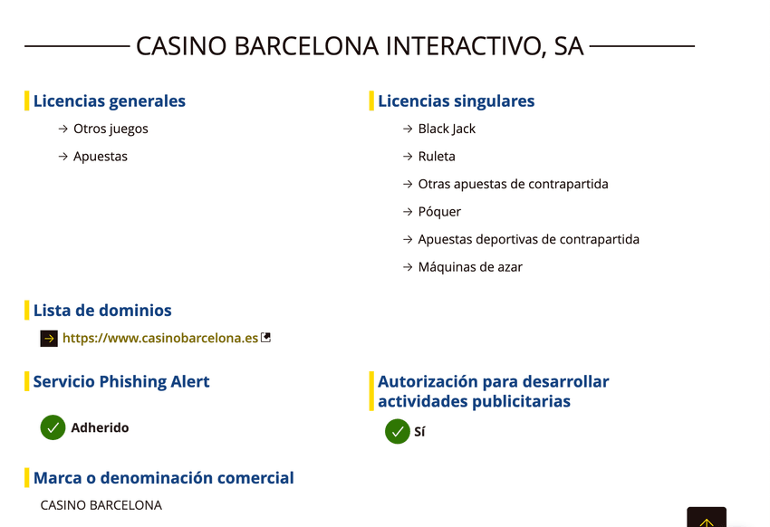 Licencia oficial de Casino Barcelona Información regulatoria de Casino Barcelona Interactivo con licencias generales y singulares autorizadas por la DGOJ.