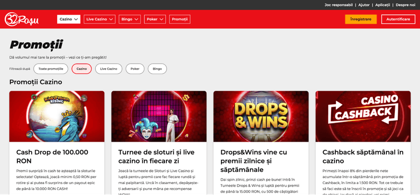 Promoții disponibile la 32Roșu Casino Pagina de promoții 32Roșu cu Cash Drop, turnee, Drops & Wins și cashback săptămânal