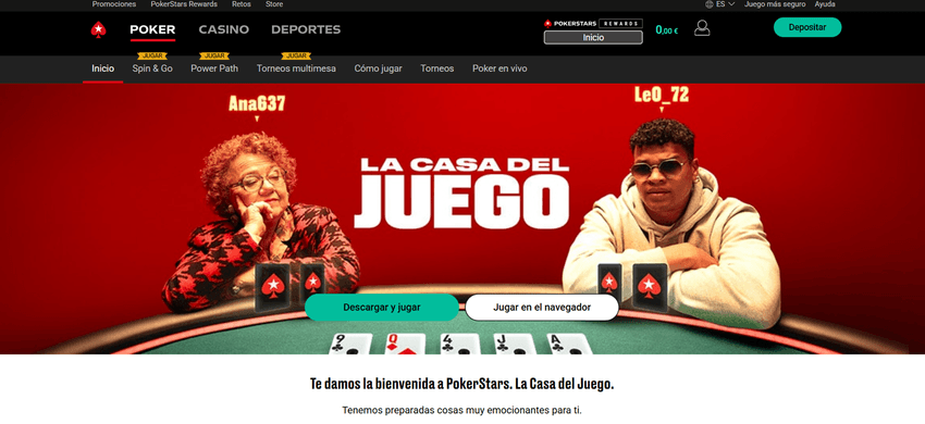 Página principal de PokerStars España con sección de póker y promoción destacada.