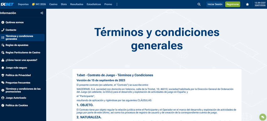 Página de términos y condiciones generales de 1xBet con el contrato de juego para los usuarios.