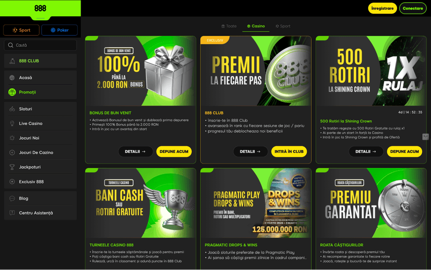 Bonusuri și promoții la 888 Casino Secțiunea de bonusuri și promoții 888 Casino Online, cu pachetul de bun venit și rulajul afișat